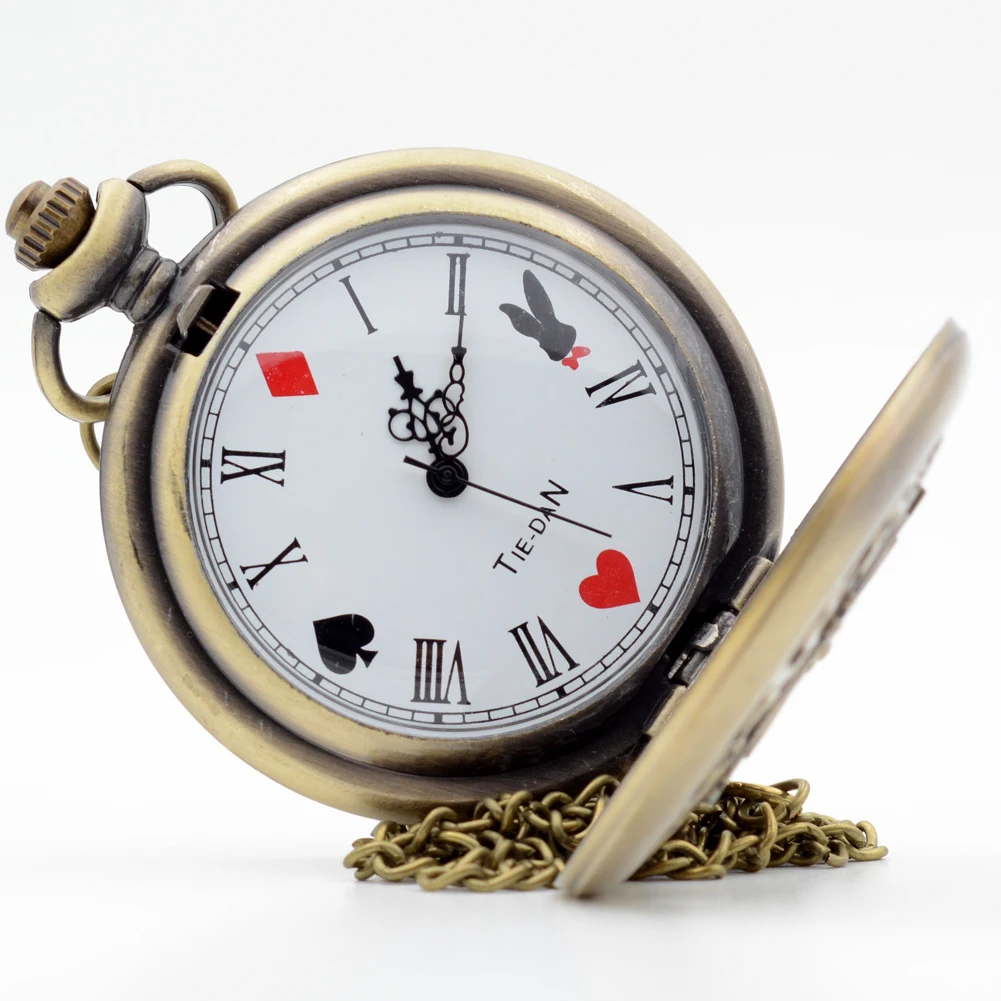 Vintage ESWN Alice in Wonderland Roman Numerals Poker Rabbit Quartz Pocket Watch Analog Pendant Necklace Men Women Gift Montre
Vintage ESWN Alice in Wonderland Roman Numerals Poker Rabbit Quartz Pocket Watch Analog Pendant Necklace Men Women Gift Montre