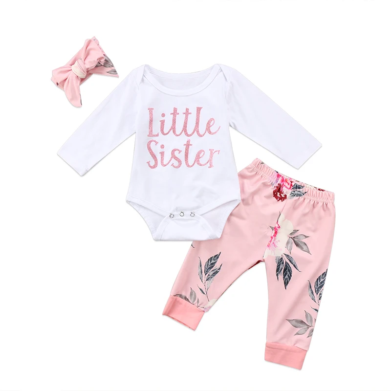 3PCS Newborn Baby Girl Clothes Little Sister Long Sleeve Cotton Romper Tops+Floral Pant Legging Headband Outfit Kid Clothing Set
3PCS Newborn Baby Girl Clothes Little Sister Long Sleeve Cotton Romper Tops+Floral Pant Legging Headband Outfit Kid Clothing Set