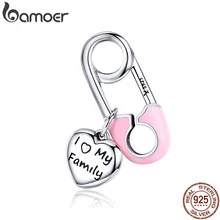 BAMOER 925 Sterling Silver Rosa Esmalte Rosa Coração Família Encantos Fit Charme Pulseiras Moda Jóias SCC1145(China)