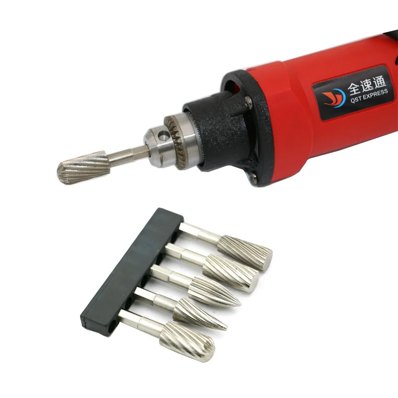 5pcs/set 1/4" Electric Grinder HSS Rotary Files Burr Rotary Burr Set For Soft Metal Plastic Wood Grinding Carving Rotary Rasp