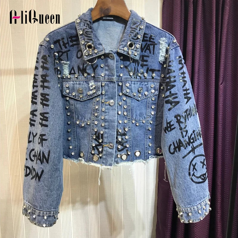 2019 Autumn Women Punk Style Letter Print Rivets Beading Jacket Coat Loose Style Women Denim Jacket Coat Crop Tops Abrigos Mujer 
2019 Autumn Women Punk Style Letter Print Rivets Beading Jacket Coat Loose Style Women Denim Jacket Coat Crop Tops Abrigos Mujer