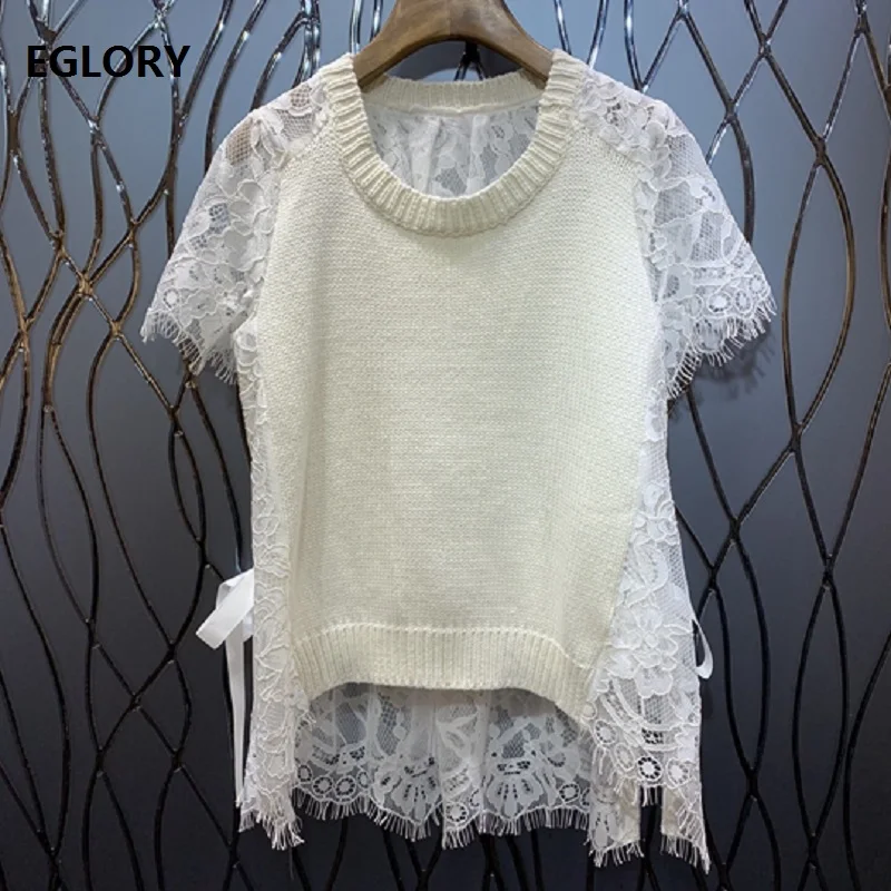 New 2019 Summer Fashion Pullovers Sweater Women Lace Patchwork Short Sleeve Casual Knitted Jumpers White Pink Tops Sweaters
New 2019 Summer Fashion Pullovers Sweater Women Lace Patchwork Short Sleeve Casual Knitted Jumpers White Pink Tops Sweaters