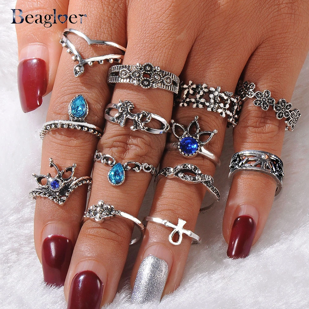 

Beagloer Crystal Ring With 13Pcs/Set For Women Silver Color Flower Horse Bohemian Punk Ring Set Jewelry Anillos Dropshipping