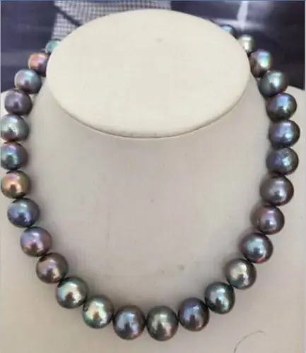 

HUGE PERFECT 12-13mm TAHITIAN BLACK RED GREEN PEARL NECKLACE17.5"14KGP