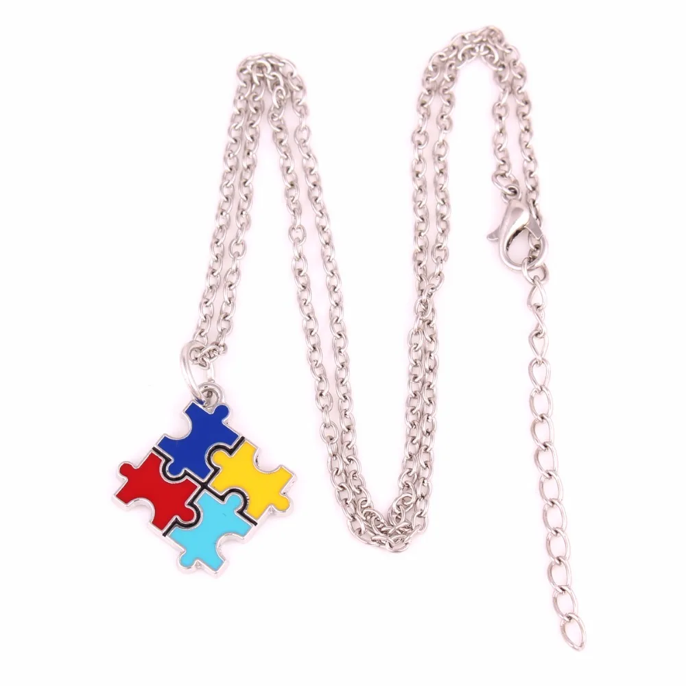 Autism Hope rhodium plated Multi-Colored enamel Awareness puzzle Piece Pendant with Link chain necklace |