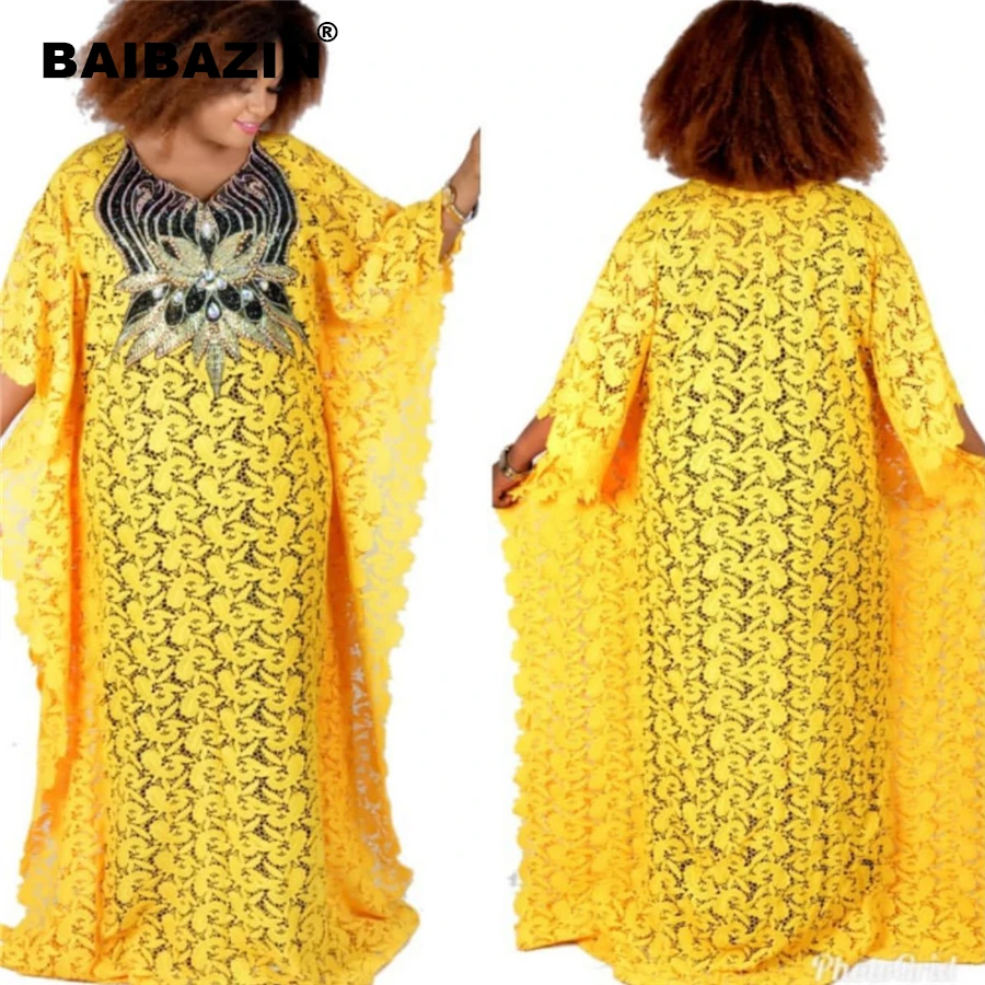 

BAIBAZIN New African Dress for Women Water Soluble Lace Loose Long Skirt Sequins Embroidered Collar High-grade Atmosphere