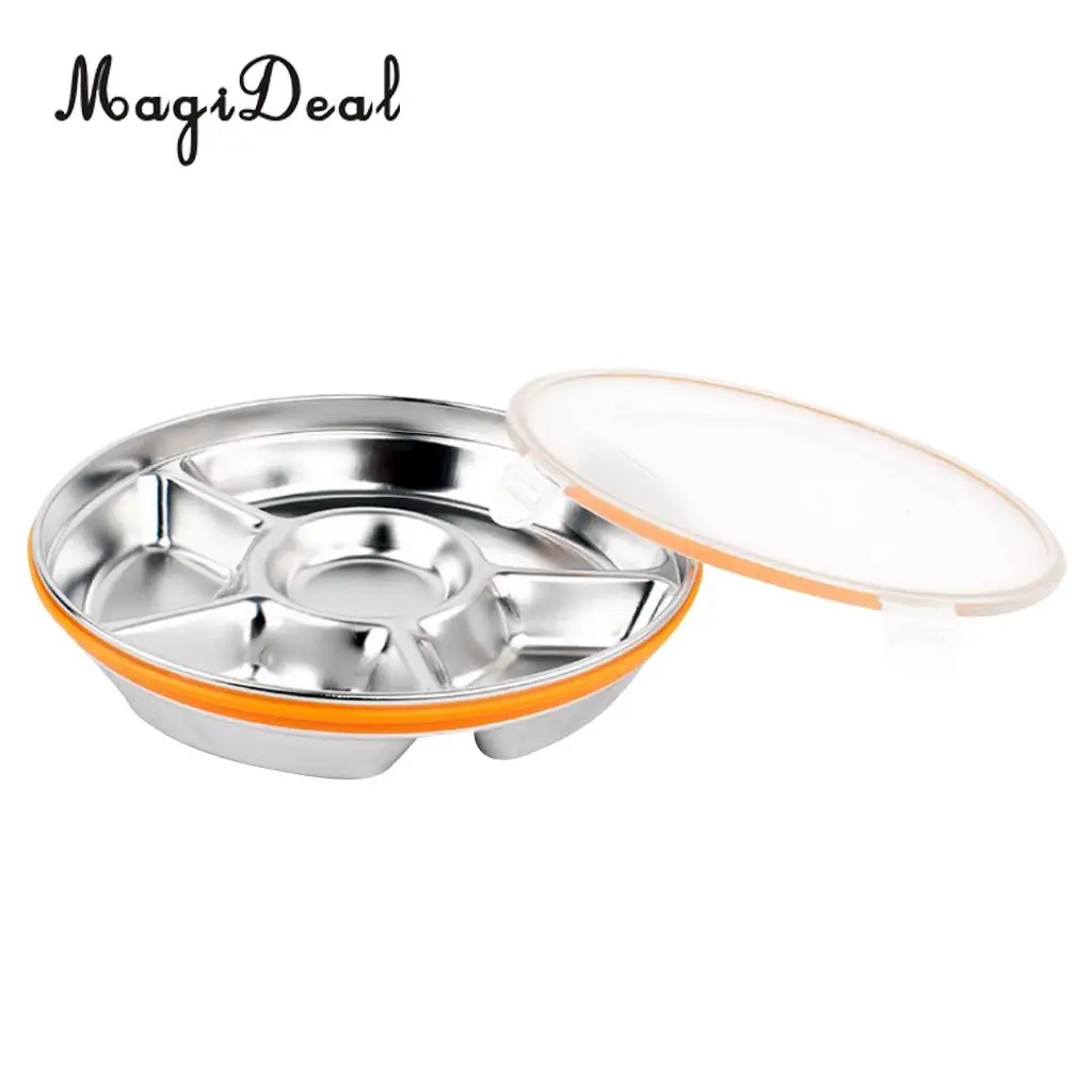 MagiDeal Stainless Steel 5 Compartment Food Serving Dish Tray Round Dinner Plate with Cap Cover 26cm