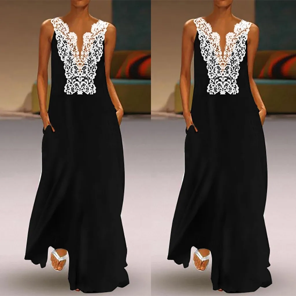 Summer Dress for Women Vintage Boho Dress V Neck Splicing Sleeveless Maxi Dress Lace Hollow Long Dresses Lady vestido
Summer Dress for Women Vintage Boho Dress V Neck Splicing Sleeveless Maxi Dress Lace Hollow Long Dresses Lady vestido