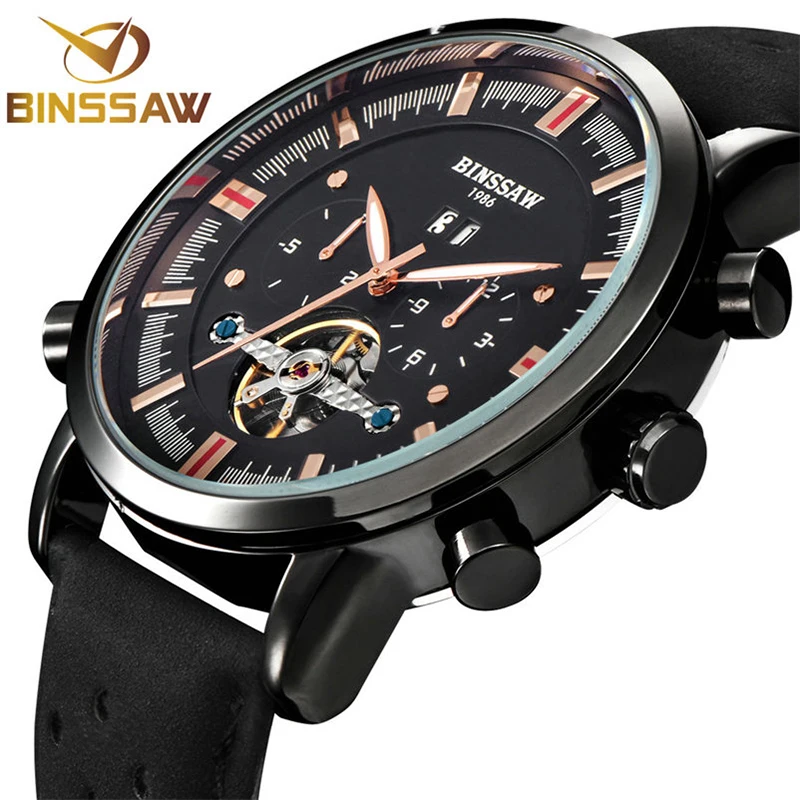 

BINSSAW Men Automatic Mechanical Watch Tourbillon Fashion Brand Casual Calf Leather Men Military Sport Watches Relogio Masculino