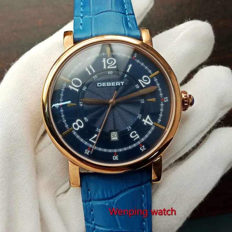 43mm Debert relogio masculino golden rose steel Blue Dial Blue strap Automatic Mens watches W1832
43mm Debert relogio masculino golden rose steel Blue Dial Blue strap Automatic Mens watches W1832