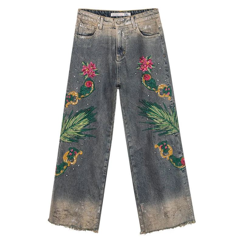 Autumn Female Women Vintage High Waist Wide Leg Tassel Embroidery Jeans , Beading Rhinestone Flower Denim Trousers For Woman 
Autumn Female Women Vintage High Waist Wide Leg Tassel Embroidery Jeans , Beading Rhinestone Flower Denim Trousers For Woman