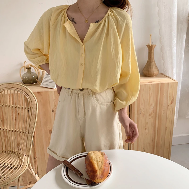 Creamy Yellow Blue Blouse Spring Summer Puff Sleeve Top Women Shirt Kawaii Chemise Femme Chemisier Blusa Mujer Camisa
Creamy Yellow Blue Blouse Spring Summer Puff Sleeve Top Women Shirt Kawaii Chemise Femme Chemisier Blusa Mujer Camisa