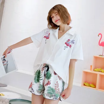 Womens Pijama 100% Cotton Pajamas Flamingos Short-sleeved Shorts Pajama Sets Turn-down Collar Sexy Pyjamas Loungewear Home Suit
Womens Pijama 100% Cotton Pajamas Flamingos Short-sleeved Shorts Pajama Sets Turn-down Collar Sexy Pyjamas Loungewear Home Suit