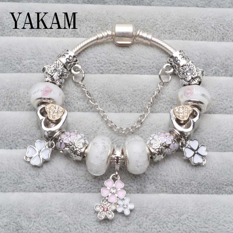 White Pink Enamel Clover Cherry Blossom Heart Beads Pulsera Fit Original European Bracelet Flower Safe Chain Charms Women Bangle
White Pink Enamel Clover Cherry Blossom Heart Beads Pulsera Fit Original European Bracelet Flower Safe Chain Charms Women Bangle