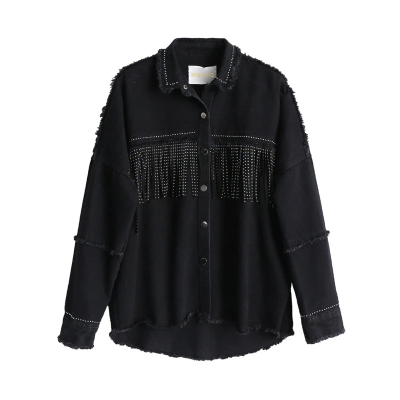 2019Women Black High Quality Loose Denim Jacket Coat Sequined Tassels Streetwear All-match Mental Covered Button Outerwear
2019Women Black High Quality Loose Denim Jacket Coat Sequined Tassels Streetwear All-match Mental Covered Button Outerwear