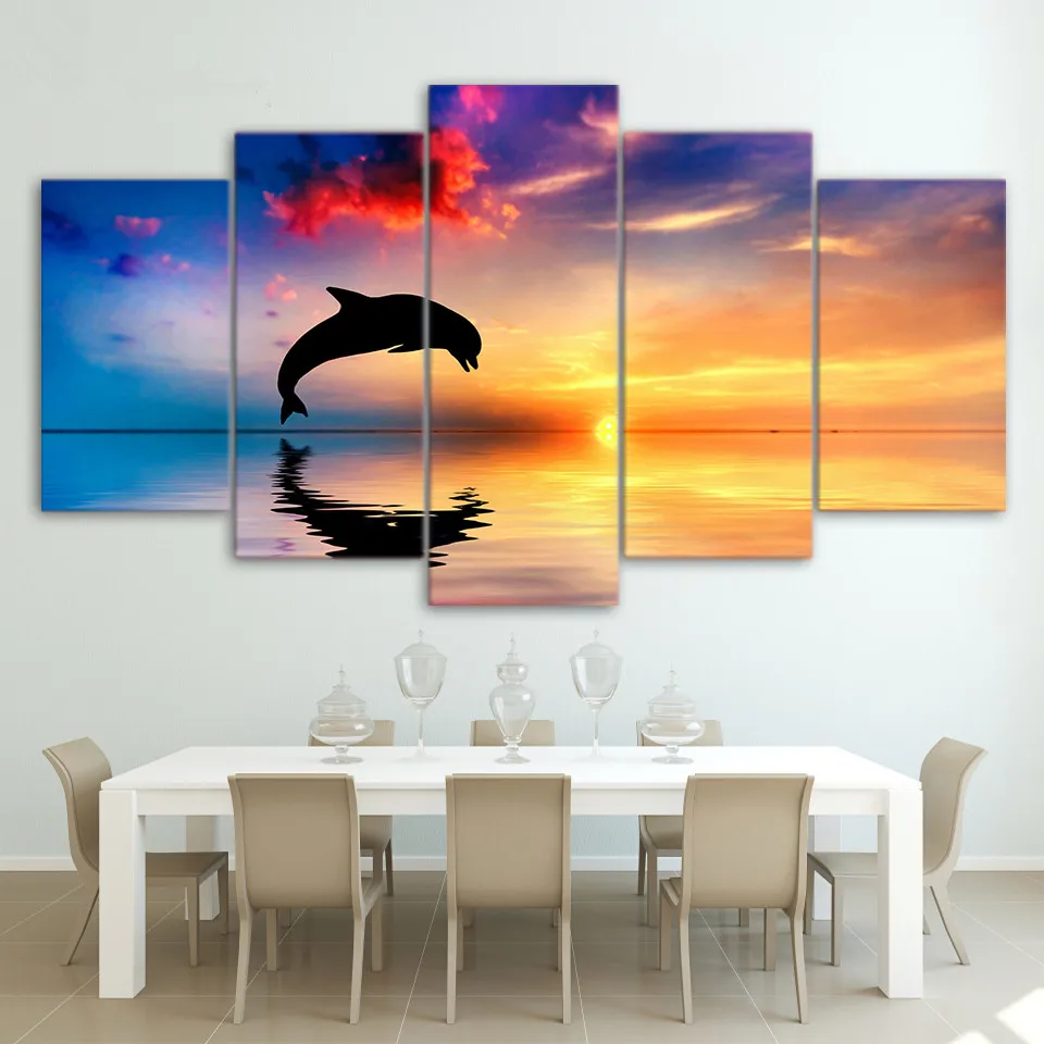 HD Printed Ocean sunset dolphin picture Painting wall art room decor print poster picture canvas Free shipping