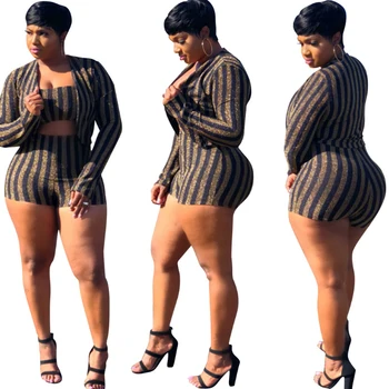 Women Three Piece Sets Long Sleeve Short Coat+Wraped Chest And Short Pants Lady Sexy Shining Striped Bodycon Outfits Women Sets
Women Three Piece Sets Long Sleeve Short Coat+Wraped Chest And Short Pants Lady Sexy Shining Striped Bodycon Outfits Women Sets