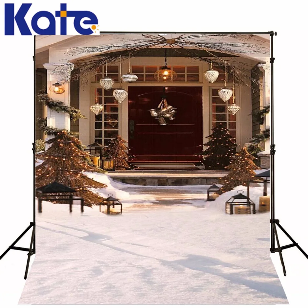 

Free Shipping 5Ft*6.5Ft(150Cm*200Cm) Photography Backdrops Christmas Snow Tree Bell Villa Door Background