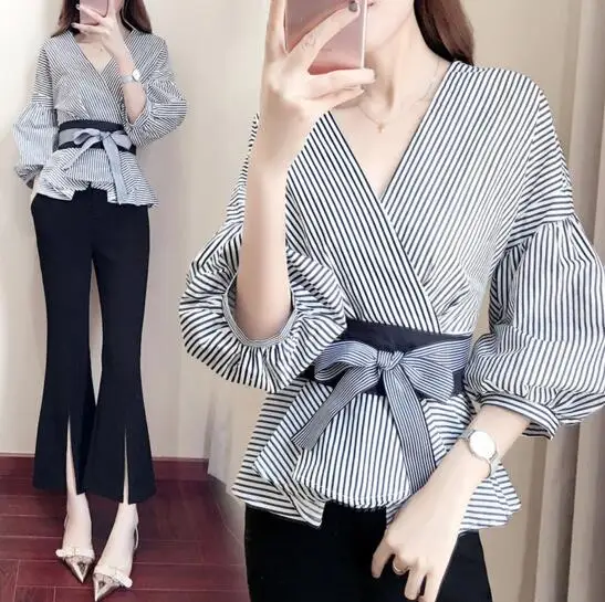 Fashion women's new striped shirt and wide-leg pantsuit with belt and stylish expanded sleeves women Suits
Fashion women's new striped shirt and wide-leg pantsuit with belt and stylish expanded sleeves women Suits