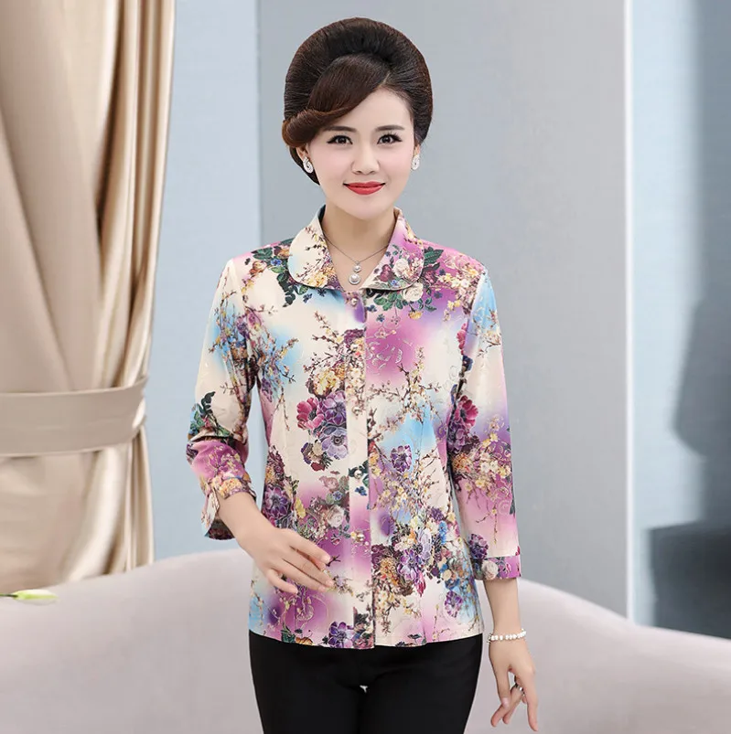 

SexeMara Middle Age Women Blouse Summer New Plus Size Mother Three-Quarter Sleeve Shirt Printed Top Cardigan 5XL 4XL 3XL 2XL 1XL