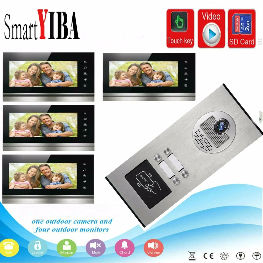 Видеодомофон SmartYIBA с монитором 7 дюймов, домофон с радиочастотной идентификацией, дверной звонок, камера со слотом для SD-карты, видеозапись для 4 квартир
Видеодомофон SmartYIBA с монитором 7 дюймов, домофон с радиочастотной идентификацией, дверной звонок, камера со слотом для SD-карты, видеозапись для 4 квартир