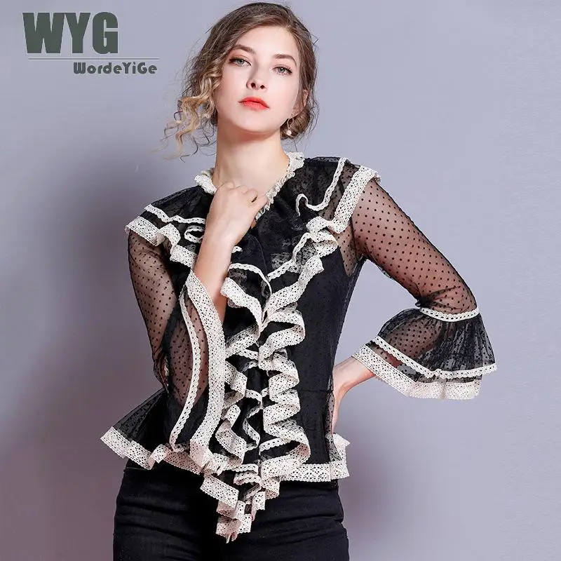 Elegant Polka Dot Mesh Blouse 2019 Spring New Arrival Cotton Lace Trim Ruffles Patchwork Flare Sleeve OL Style Pepline Shirts
Elegant Polka Dot Mesh Blouse 2019 Spring New Arrival Cotton Lace Trim Ruffles Patchwork Flare Sleeve OL Style Pepline Shirts