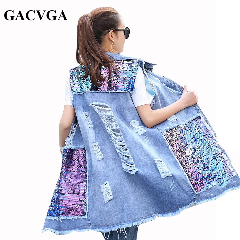 GACVGA 2019 Spring Autumn Long Cardigan Denim Jacket Sequined Sleeveless Jeans Jacket Women Hole Coats Plus Size Outwear
GACVGA 2019 Spring Autumn Long Cardigan Denim Jacket Sequined Sleeveless Jeans Jacket Women Hole Coats Plus Size Outwear