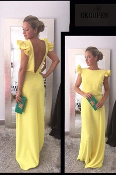 2019 Evening Dresses Yellow Sheath Cap Sleeve Wedding Party Gown Open Back Formal Long robe de soiree vestido de fiesta de noche 
2019 Evening Dresses Yellow Sheath Cap Sleeve Wedding Party Gown Open Back Formal Long robe de soiree vestido de fiesta de noche