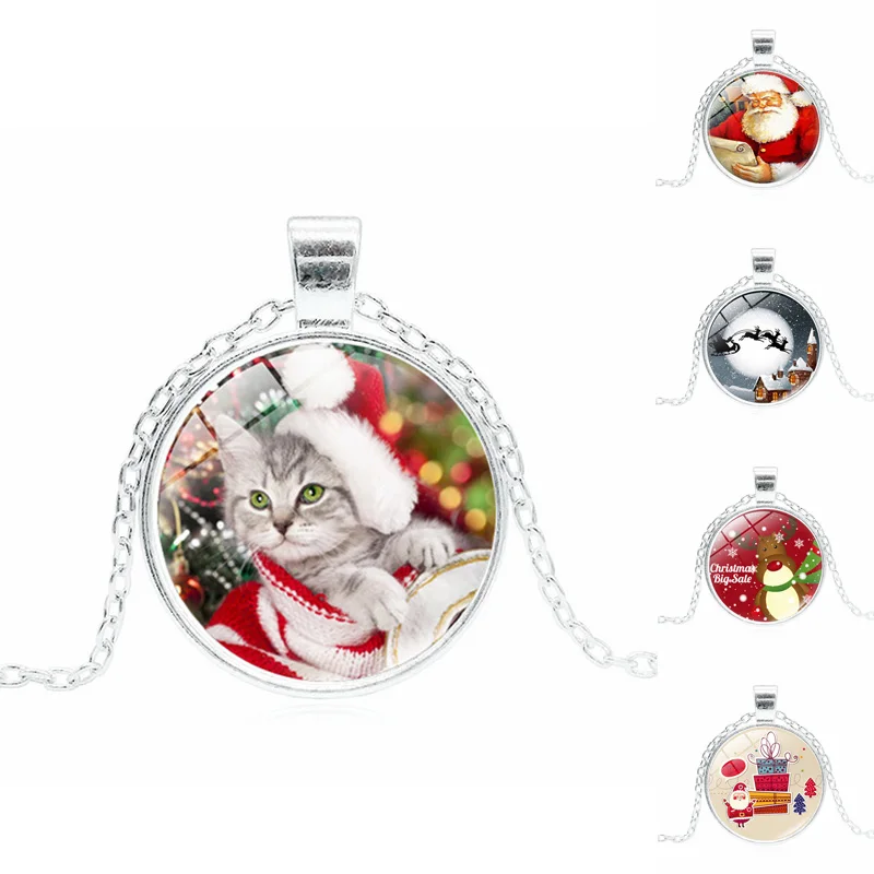 Happy Christmas Jewelry with Silver Plated Glass Cabochon Cat and Santa Pattern Choker Long Pendant Necklace for Women Party
Happy Christmas Jewelry with Silver Plated Glass Cabochon Cat and Santa Pattern Choker Long Pendant Necklace for Women Party