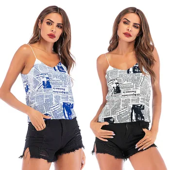 Sexy spaghetti strap women Shirt cami tops Elegant v-neck T-Shirt Newspaper printed sling female tops side ladies summer 2019
Sexy spaghetti strap women Shirt cami tops Elegant v-neck T-Shirt Newspaper printed sling female tops side ladies summer 2019