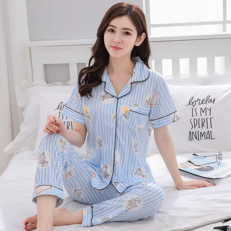 2019 Summer Casual Striped Cotton Pajama Sets for Women Short Sleeve Sleepwear Pyjama Femme Lounge Homewear Pijama Mujer Clothes
2019 Summer Casual Striped Cotton Pajama Sets for Women Short Sleeve Sleepwear Pyjama Femme Lounge Homewear Pijama Mujer Clothes
