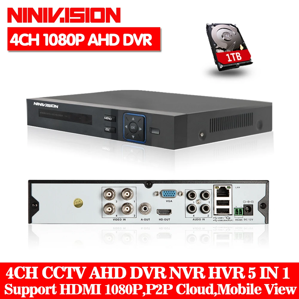 NINIVISION AHD CCTV 4CH DVR HDMI 1080p Digital Video Recorder DVR For Security CCTV Camera System PTZ Camera with 1TB Hard disk
NINIVISION AHD CCTV 4CH DVR HDMI 1080p Digital Video Recorder DVR For Security CCTV Camera System PTZ Camera with 1TB Hard disk