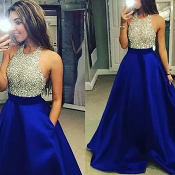 Sparkly Royal Blue Prom Dress Long Formal A Line Halter Beaded Top Floor Length Evening Party Wear Sleeveless Cheap High Quality
Sparkly Royal Blue Prom Dress Long Formal A Line Halter Beaded Top Floor Length Evening Party Wear Sleeveless Cheap High Quality