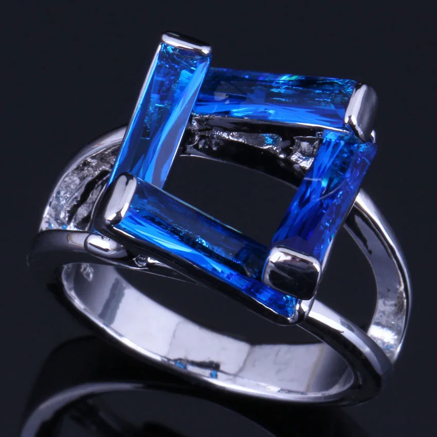 Фото Очаровательные прямоугольные синие фианиты кольцо из стерлингового серебра 925
