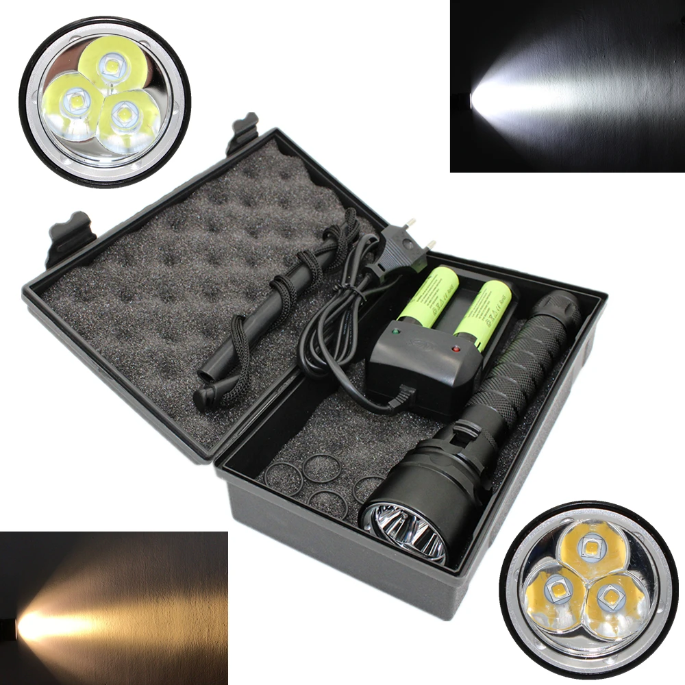 Waterproof Flashlight Kit Underwater Diving Torch White/Yellow Light 3x XM-L2 LED Dive lanterna +18650 Battery +Charger
Waterproof Flashlight Kit Underwater Diving Torch White/Yellow Light 3x XM-L2 LED Dive lanterna +18650 Battery +Charger