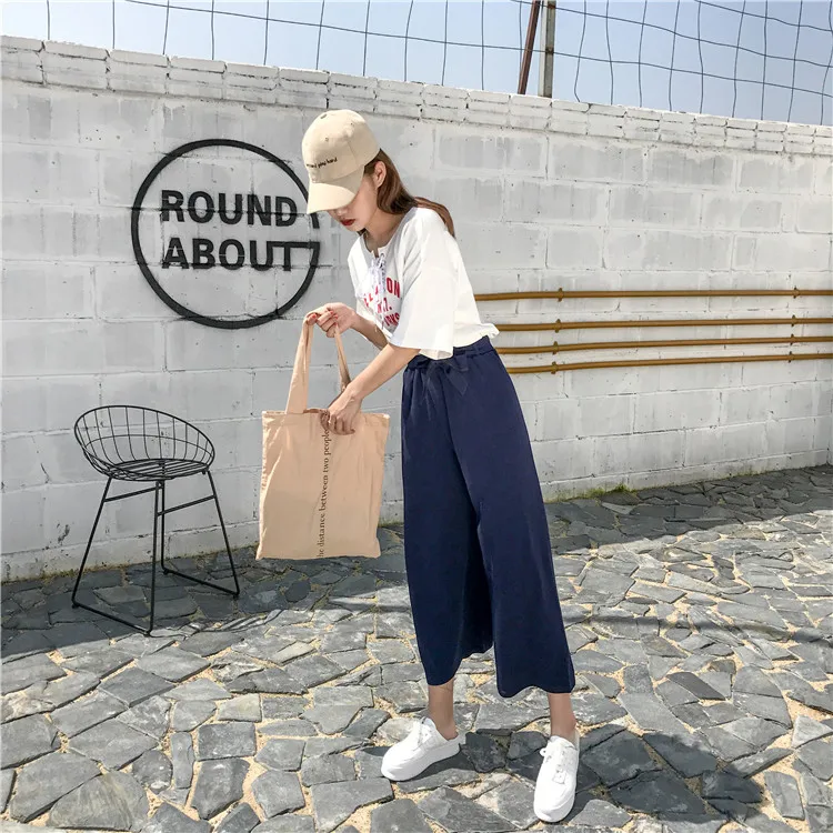 Plus Size - Casual Elastic Waist Loose Wide Leg Pants Preppy Style Trousers Female Palazzo Pants (Us 18W-20W)