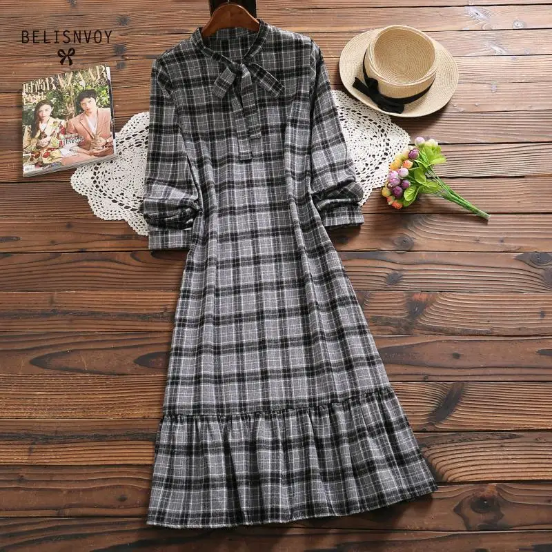 Mori Girl Vintage Plaid Dress Bowknot Long Sleeve Ruffles Loose Casual Elegant Midi Vestidos Femininos Cotton Linen Women Dresse
Mori Girl Vintage Plaid Dress Bowknot Long Sleeve Ruffles Loose Casual Elegant Midi Vestidos Femininos Cotton Linen Women Dresse