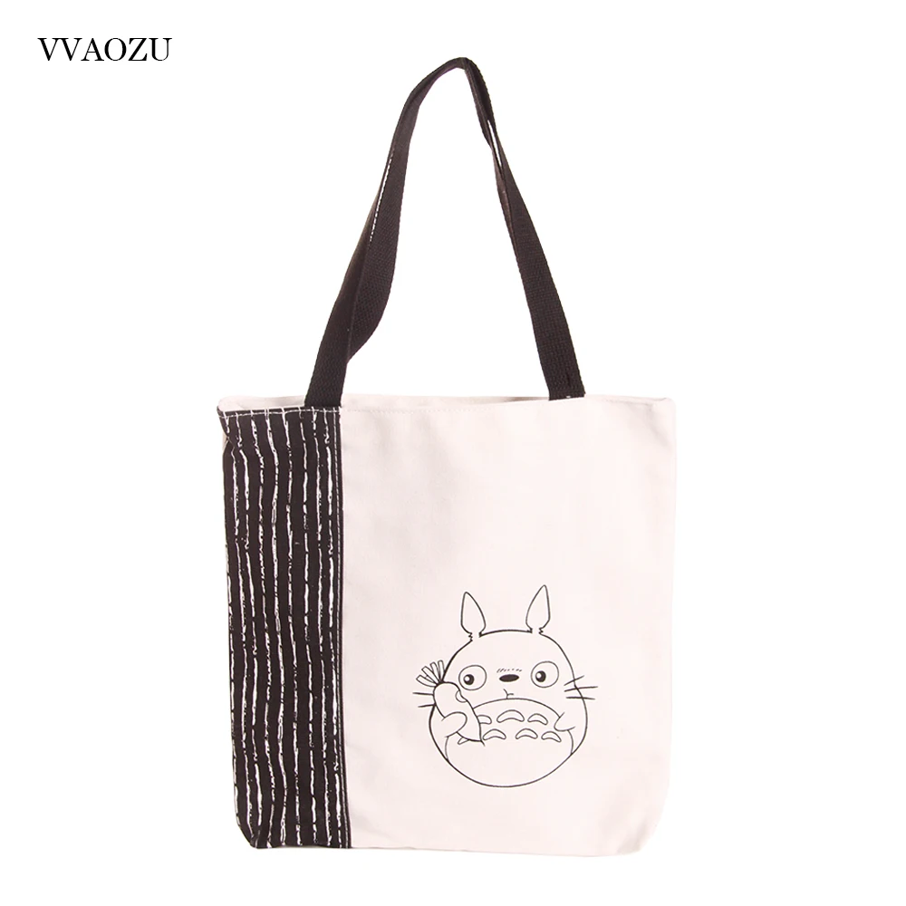 Cartoon Womens Shoulder Bag Cat Printed Zipper Shopping Beach Handbag Tote White