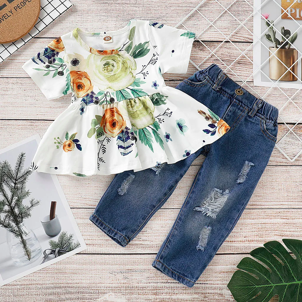 Infant Baby Kids Girsl Floral Print Crop Tops+Hole Denim Pants Jean Toddler Girls Casual Clothes Fashion Outfits Set 2Pcs Summer
Infant Baby Kids Girsl Floral Print Crop Tops+Hole Denim Pants Jean Toddler Girls Casual Clothes Fashion Outfits Set 2Pcs Summer