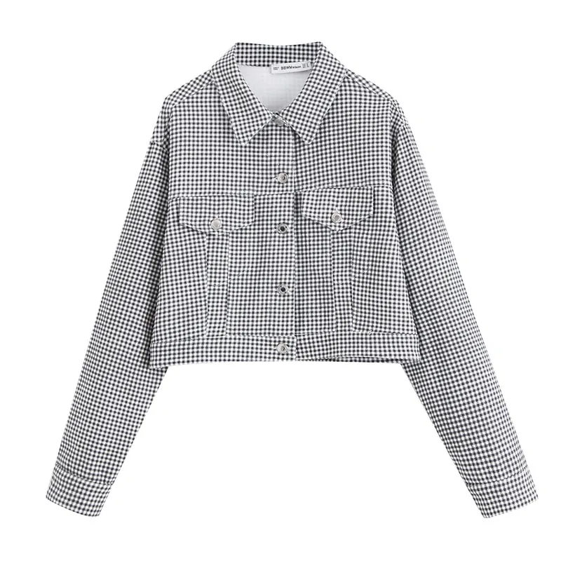 WT943 European Short Design Double Pocket Black White Plaid Print Long Sleeve Jacket Outwear Tops
WT943 European Short Design Double Pocket Black White Plaid Print Long Sleeve Jacket Outwear Tops