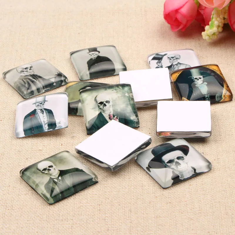 

reidgaller 20pcs skeleton man photo square glass cabochon 20mm 25mm diy flatback jewelry accessories for pendant necklace