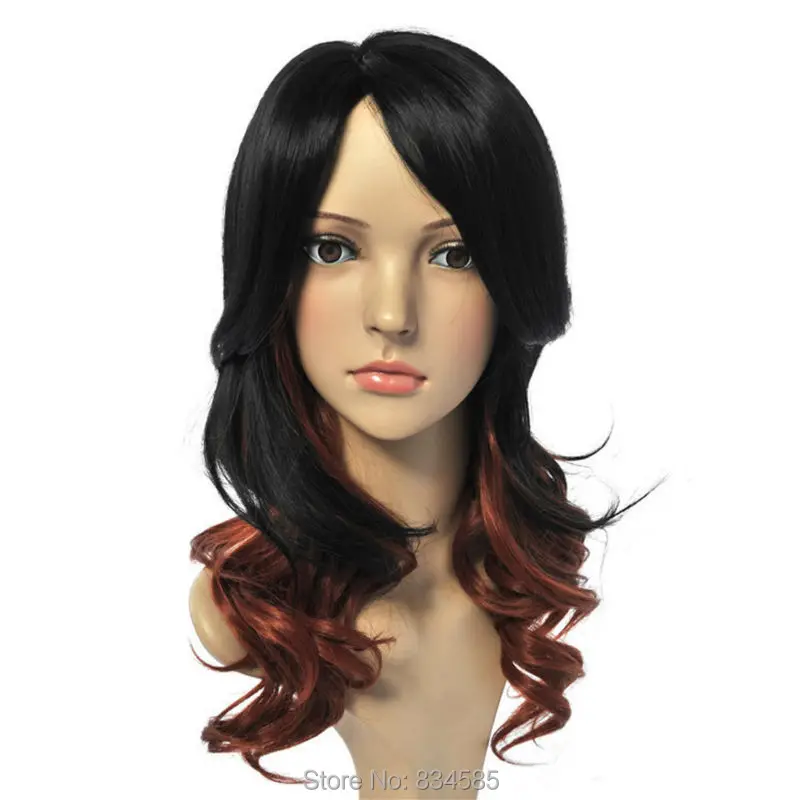 

Women Cosplay Wig Girls Fashion Loose Wave Curly Long Hair With Tilted Frisette Black+Brownish Red