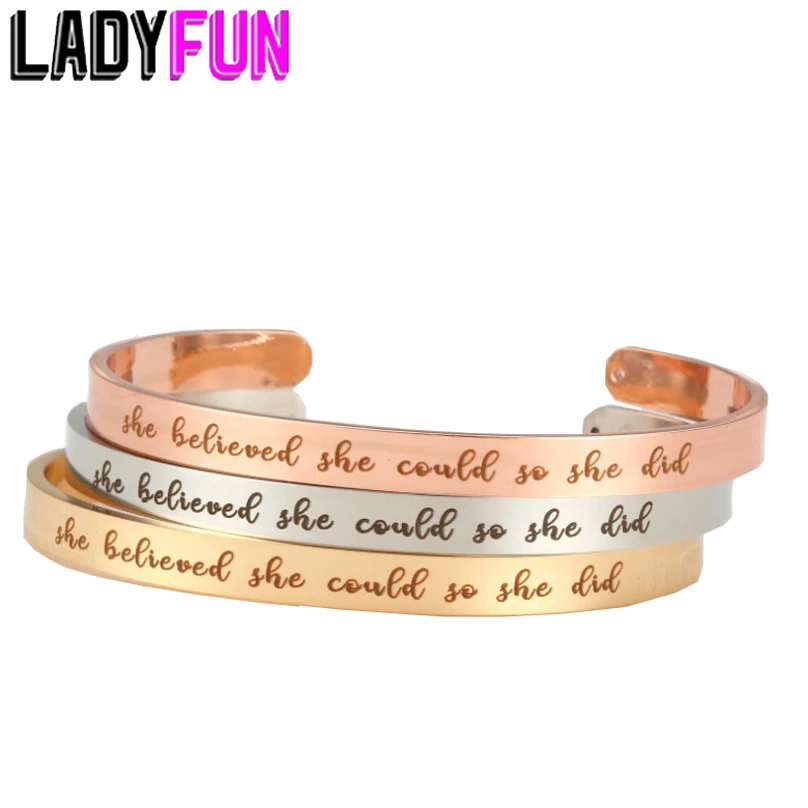 Stainless Steel Cuff Bangle Engrave "She believed she could so she did" Inspirational Motivational Bracelet For Her
Stainless Steel Cuff Bangle Engrave "She believed she could so she did" Inspirational Motivational Bracelet For Her
