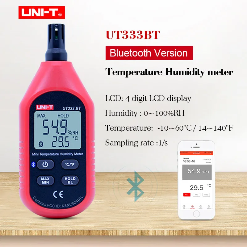 UNI-T UT333BT hygrometer thermometer Bluetooth Digital LCD Mini Temperature Humidity Meter Moisture Meter Data hold and MAX/MIN
UNI-T UT333BT hygrometer thermometer Bluetooth Digital LCD Mini Temperature Humidity Meter Moisture Meter Data hold and MAX/MIN