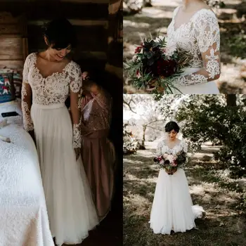 Illusion Long Sleeve Bohemian Wedding Dresses Lace Applique Sheer Neck Low Back Country Garden Beach Bridal Dress Simple Cheap
Illusion Long Sleeve Bohemian Wedding Dresses Lace Applique Sheer Neck Low Back Country Garden Beach Bridal Dress Simple Cheap