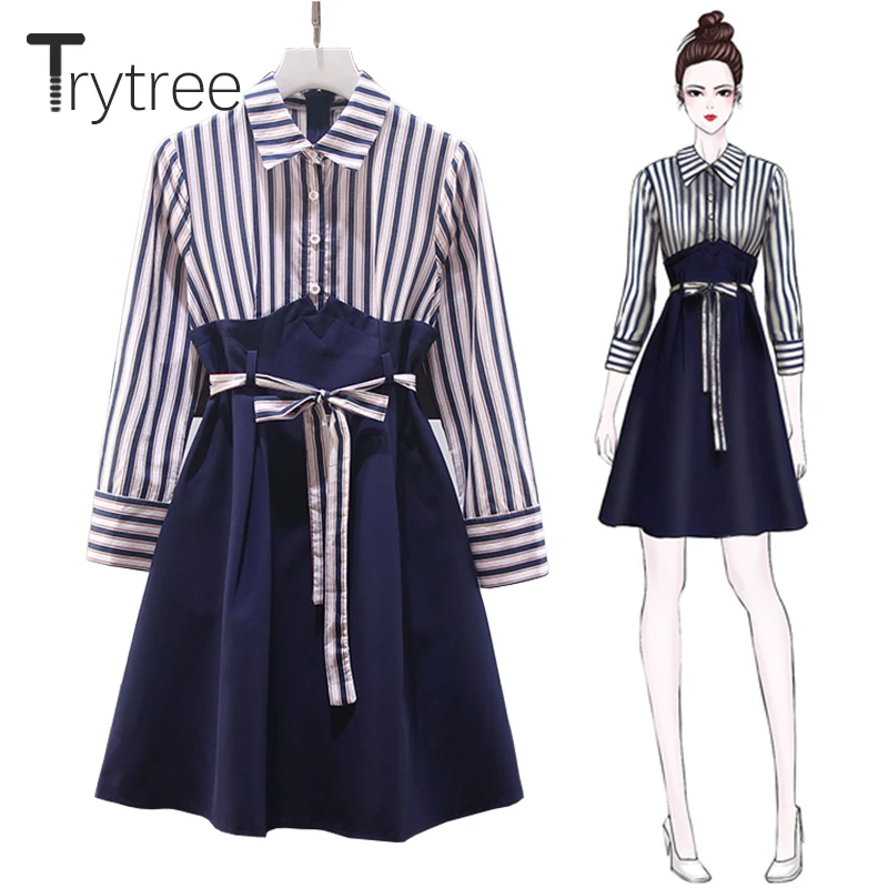 

Trytree Spring Summer Dress Casual A-line Women Patchwork Stripe Shirt dresses Sashes Above Knee Turn-down Collar Dress