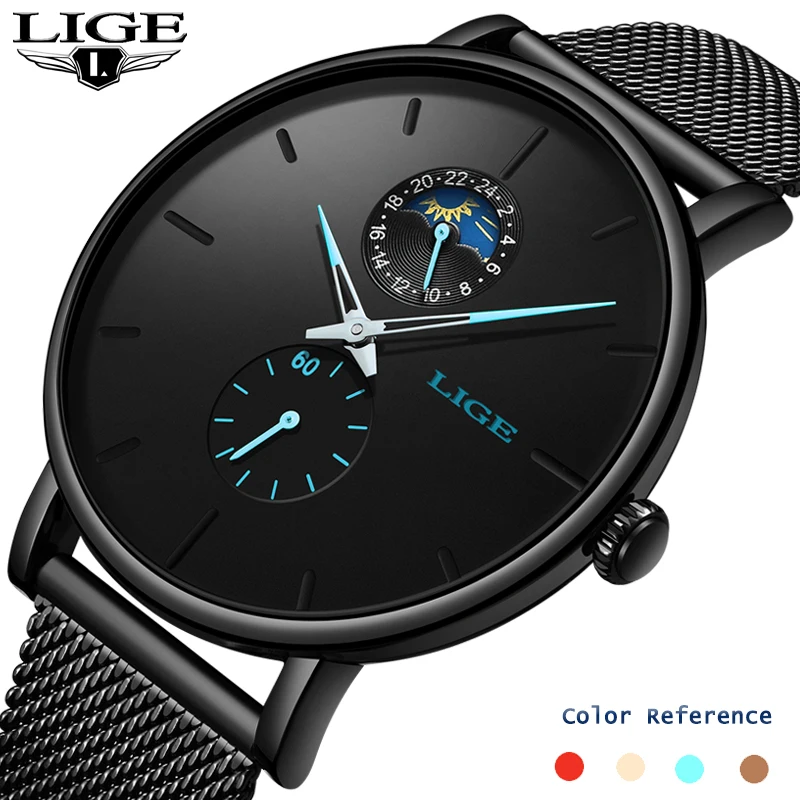 

LIGE Mens Watches Top Brand Luxury Casual Fashion Watch Men Simple Moon Phase Clock Waterproof Quartz Watch Relogio Masculino