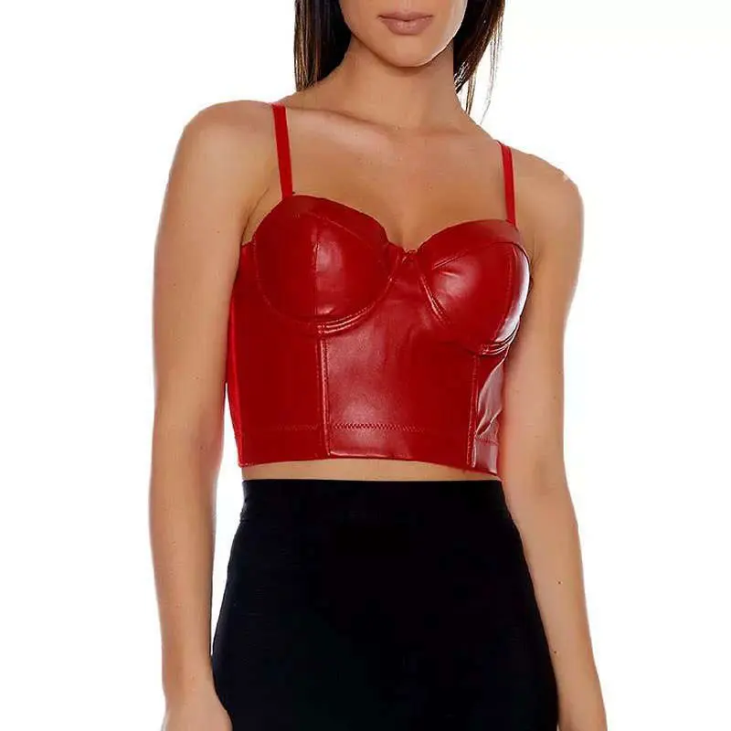 Image Black PU Leather Bustier Crop Tops Women Bralet Bra Tops Sexy Bandage Night Clubwear Push Up Party Cropped Top Vest Cami Tops