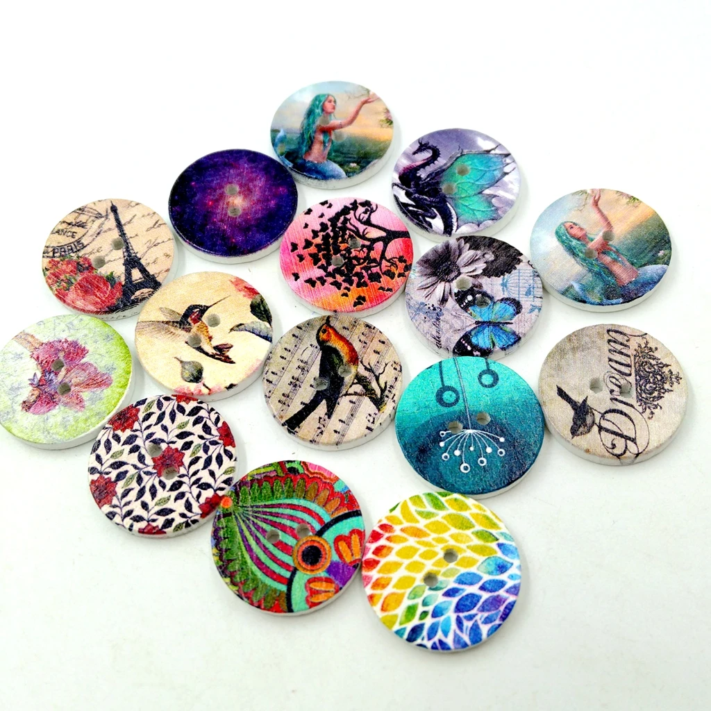 100 Pieces 2 Holes Mixed Printing Round Pattern Wood Buttons Scrapbooking 20mm 100 Pieces 2 Holes Mixed Printing Round Pattern Wood Buttons Scrapbooking 20mm