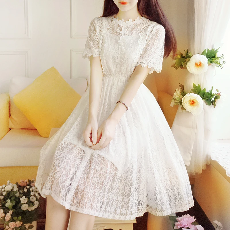 Sweet Mori Girl Summer Lace White Princess Dress Lady Solid Color Fairy Slim Students Dress Robe Cute Lolita Casual Summer Dress
Sweet Mori Girl Summer Lace White Princess Dress Lady Solid Color Fairy Slim Students Dress Robe Cute Lolita Casual Summer Dress